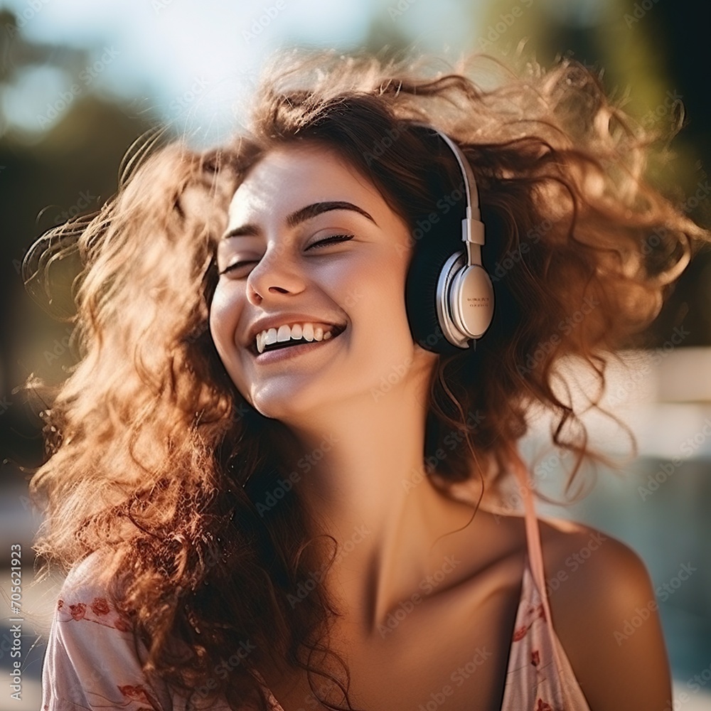Música y entretenimiento. Retrato de chica feliz en la calle escuchando canciones y disfrutando del sol.