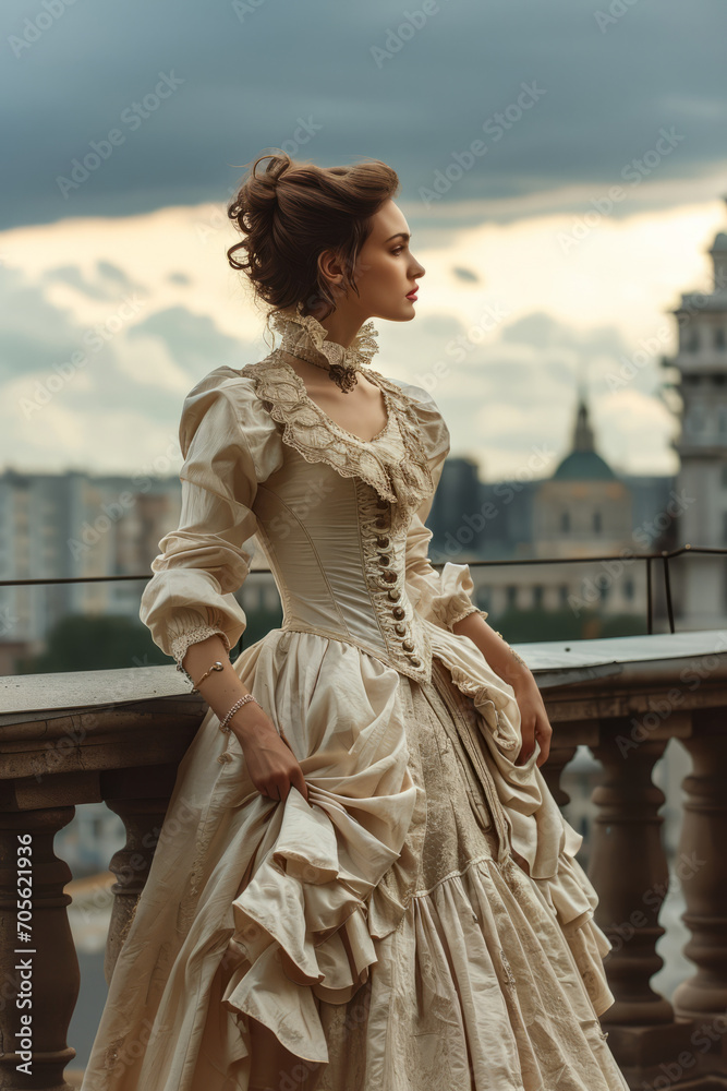 Woman in classic costume, full body view, not ironed wrinkled fabric with creases, fashion poses,