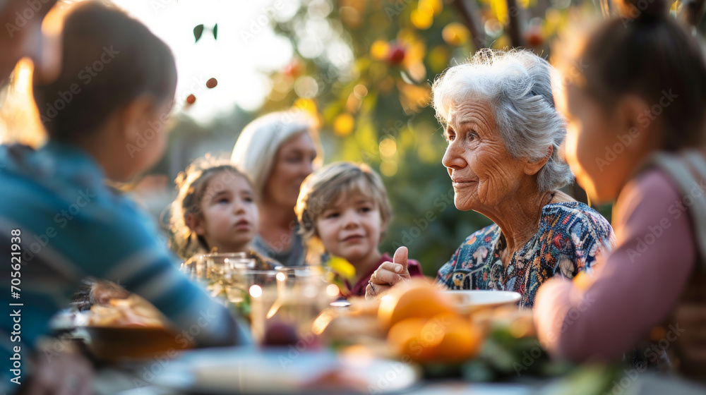 Happy Senior Grandmother Talking and Having Fun with Her Grandchildren, Outdoors Dinner with Food and Drinks. Adults at a Garden Party Together with Kids.