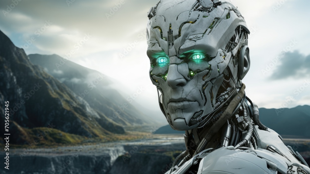 Futuristic robot with green eyes against a mountainous landscape, depicting advanced artificial intelligence and technology.