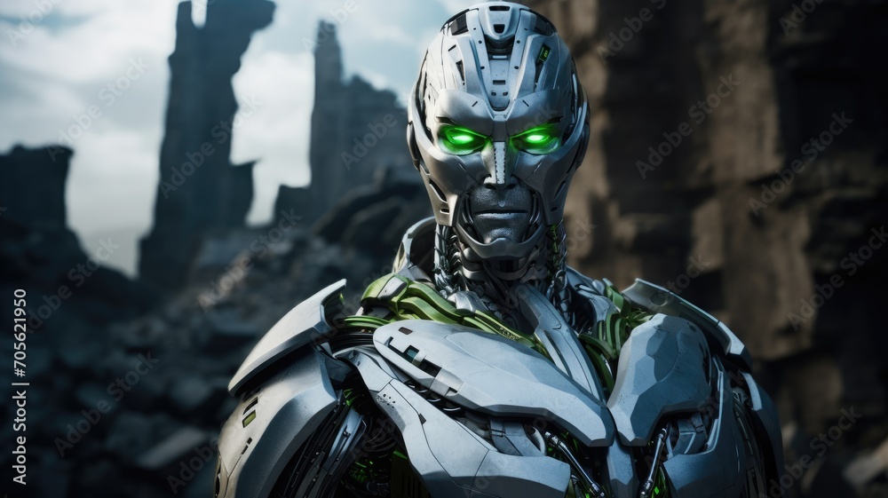 Futuristic robot with glowing green eyes and detailed metallic face structure against an urban backdrop. Futuristic robot with glowing green eyes and detailed metallic face structure against an urban backdrop.