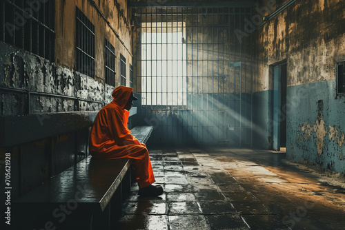 Fényképezés Jailed man dressed in orange jumpsuit sit on a bench of a prison cell alone