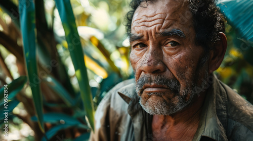 Close up portrait of a middle aged hispanic man, looking into camera with weary sad tearful eyes, in a jungle like garden filled with exotic plants in vibrant colors photo