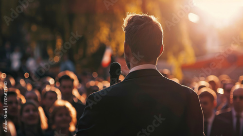 Back view of a white caucasian male politician doing a speech outdoor in front of a crowd of members of a political party