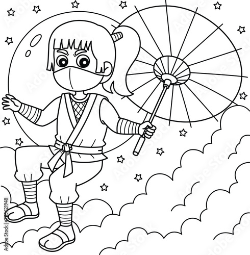Ninja Kunoichi Holding an Umbrella Coloring Page