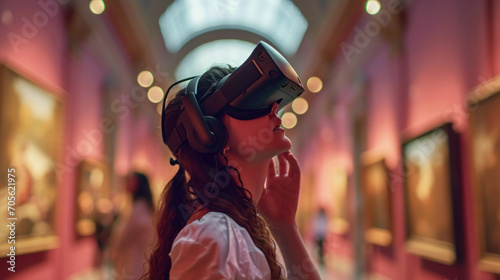 Young woman wearing a virtual reality headset using it to visualize a museum art gallery with paintings, virtual museum tour concept
