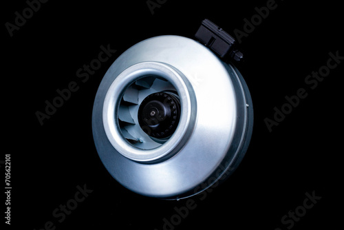 duct round electric fan close-up on a black isolated background