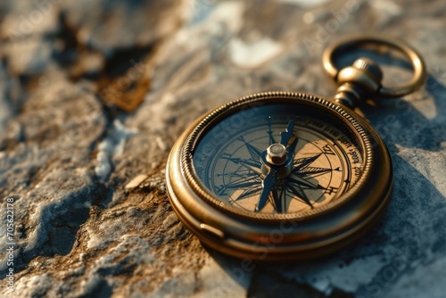 A close-up view of a compass resting on a rock. Perfect for navigation, exploration, and adventure themes