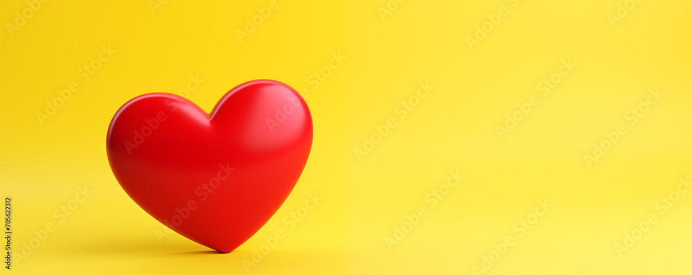 3D Red Heart on a clean yellow background banner style with copy space. Horizontal banner. Ideal for valentine's day or other holidays. Minimal clean design. Love concept. 3D Red Heart on a clean yellow background banner style with copy space. Horizontal banner. Ideal for valentine's day or other holidays. Minimal clean design. Love concept.