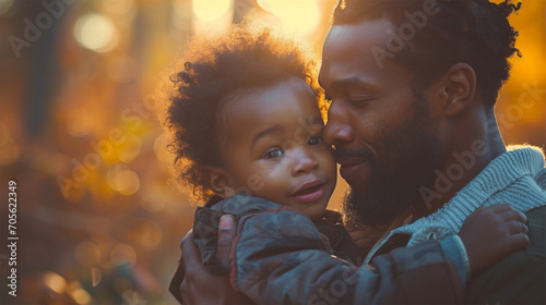 Father and son hugging in the park at sunset. Happy family. photo