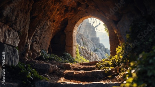 A stone tunnel with stairs leading up to it. This image can be used to depict adventure, mystery, or exploration