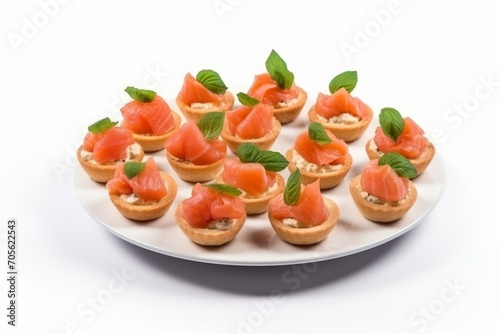 Canapes with salmon on white plate isolated on white background. Generative AI