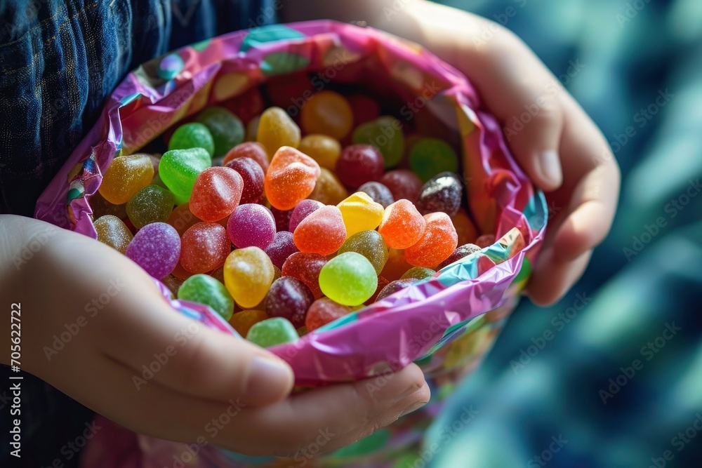 Candy in hand. A child's hand holds colorful candies in a plastic bag Candy in hand. A child's hand holds colorful candies in a plastic bag