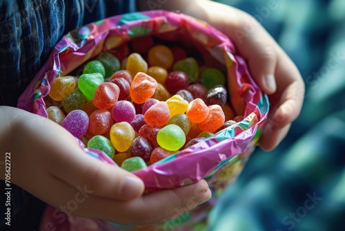 Candy in hand. A child's hand holds colorful candies in a plastic bag