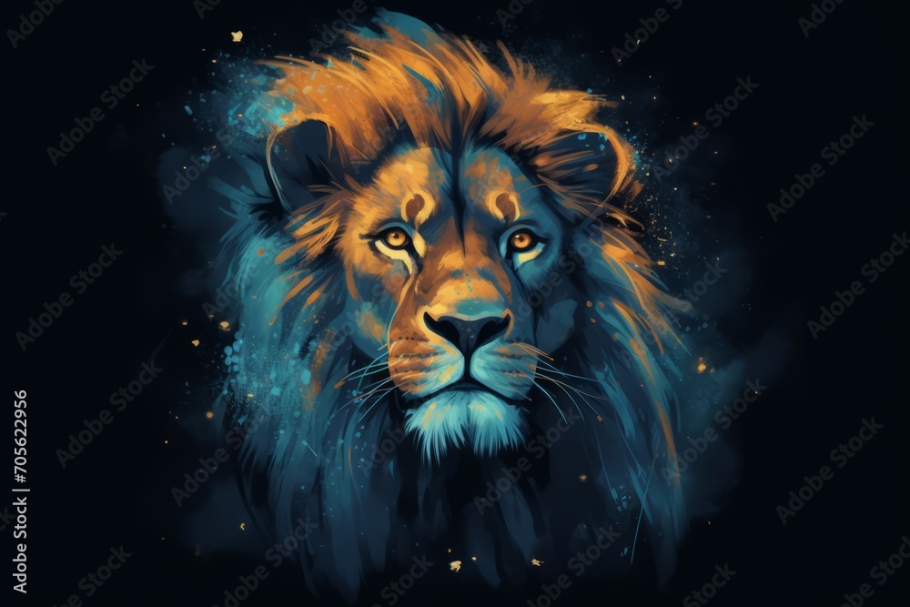 Epic lion head illustration Portrait of a lion in the night. Generative AI