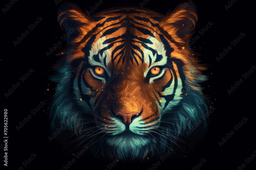 Epic tiger head illustration Portrait of a tiger in the night. Generative AI