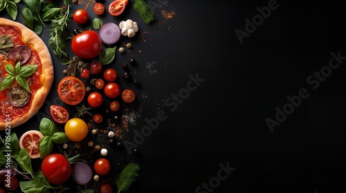 A freshly made pizza on a dark backdrop, displaying the ingredients, top view, copy space, Generative AI.