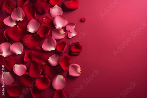 Background for Valentine's day. Red background with red and pink rose petals with copyspace