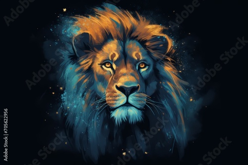 Epic lion head illustration Portrait of a lion in the night. Generative AI