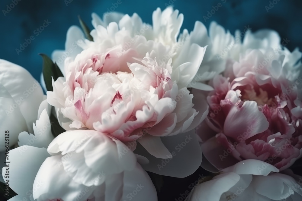 Fresh bunch of pink peonies peony roses flowers, white with blue effect shine. Generative AI Fresh bunch of pink peonies peony roses flowers, white with blue effect shine. Generative AI