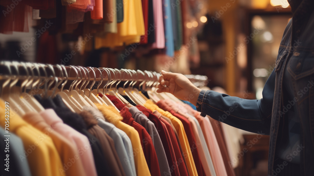 Close-up of female hands plucked a hanger with clothes. Woman's hands run across a rack of clothes. shot from the side,  hand of customer choosing clothes in a clothing store close shot, Ai generated 