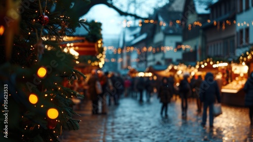 A group of people walking down a street next to a Christmas tree. Perfect for capturing the festive spirit and holiday cheer