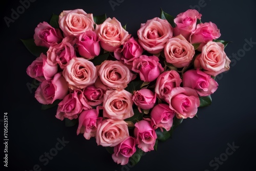 Heart shape made of pink roses. Generative AI