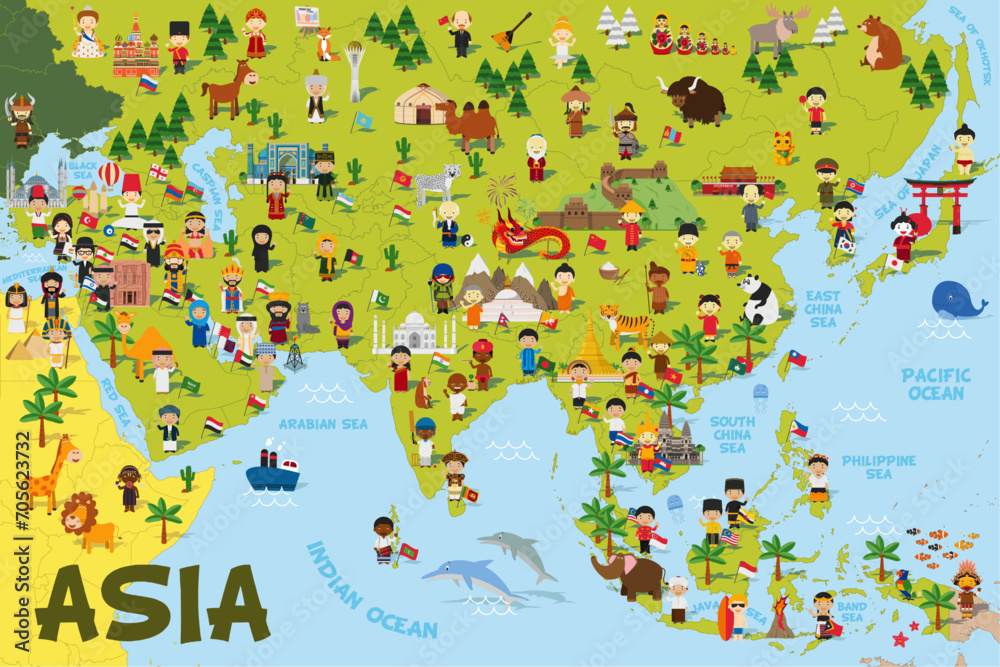 Fototapeta premium Funny cartoon map of Asia with childrens of different nationalities, representative monuments, animals and objects of all the countries. Vector illustration for preschool education and kids design.