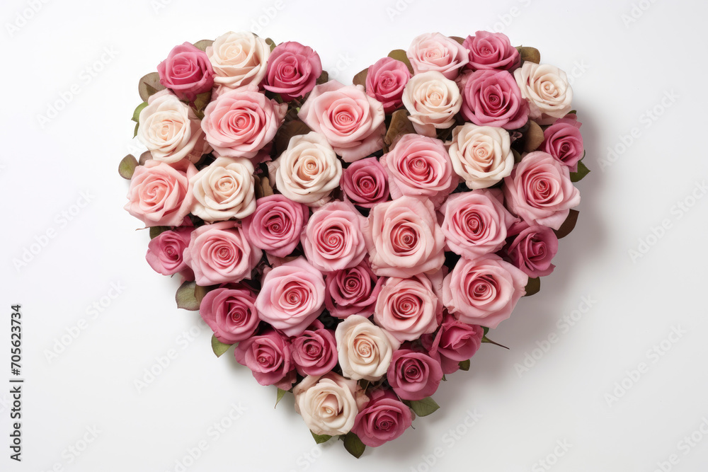 A close up of a heart made of red pink roses on a white surface. Suitable for Valentine's Day, anniversary, love, romance, and floral design projects. A close up of a heart made of red pink roses on a white surface. Suitable for Valentine's Day, anniversary, love, romance, and floral design projects.
