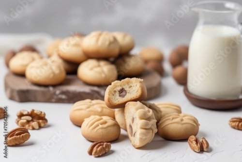 Homemade cookies with milk on white background. Generative AI