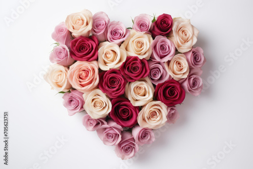 A close up of a heart made of red pink roses on a white surface. Suitable for Valentine's Day, anniversary, love, romance, and floral design projects.