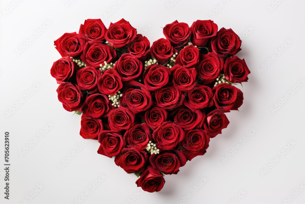 A close up of a heart made of red roses on a white surface. Suitable for Valentine's Day, anniversary, love, romance, and floral design projects. A close up of a heart made of red roses on a white surface. Suitable for Valentine's Day, anniversary, love, romance, and floral design projects.