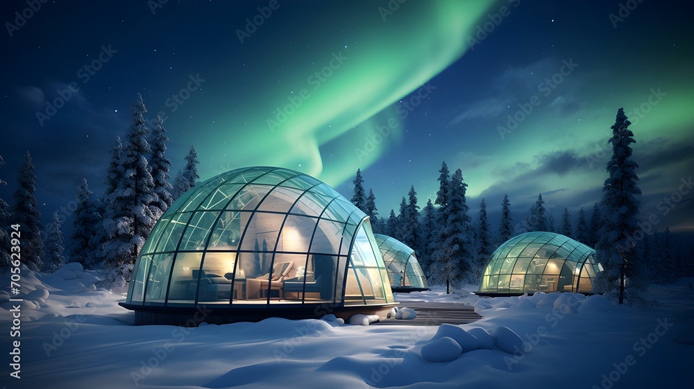 Fototapeta premium Igloo Hotel, igloo park , observing the northern lights