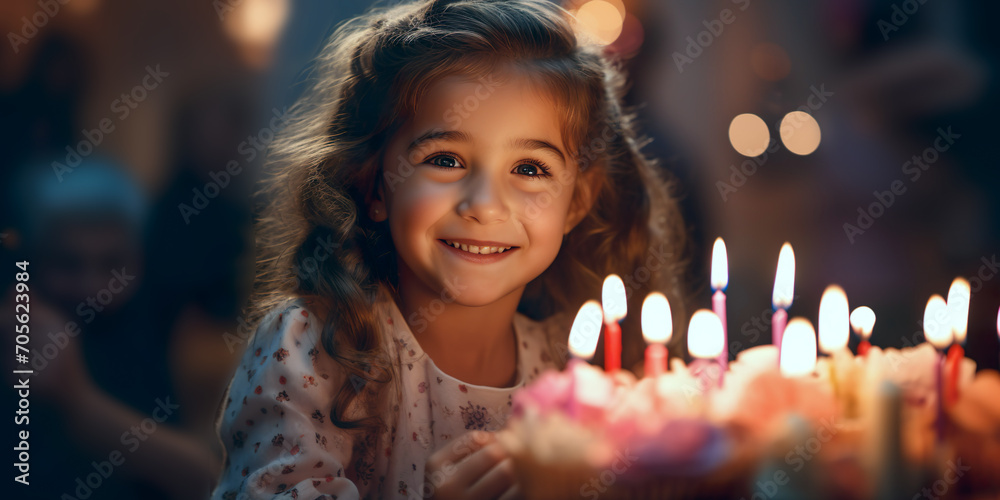 child girl blowing out the candles on a birthday cake. Happy adorable kids smiling and celebrating his birthday, portrait of happy child ready to blowing out candles at birthday party. Generative AI child girl blowing out the candles on a birthday cake. Happy adorable kids smiling and celebrating his birthday, portrait of happy child ready to blowing out candles at birthday party. Generative AI