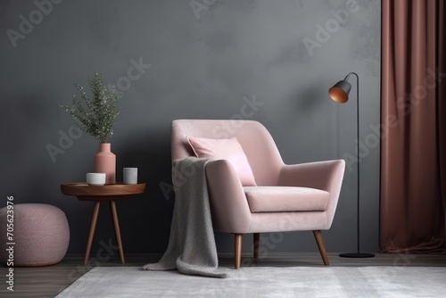 Modern living room, interior with grey wall, pink armchair, wood side table. Generative AI