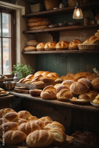 There are a lot of fresh delicious assorted breads and buns on the shelves of the store. Bakery, food, agricultural crops, farming concepts.