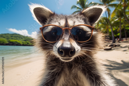 illustration of an raccon wearing sunglasses on the beach. Created with Generative AI photo