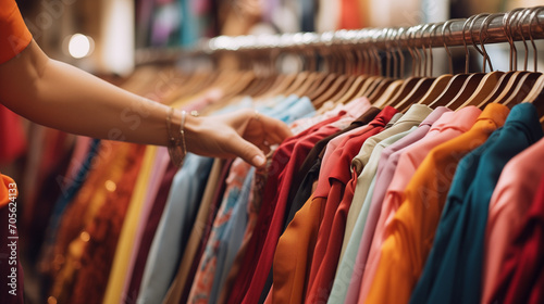 Second hand vintage clothes in a store on sale. Fashionable European used retro jeans, t-shirts, dresses, pants, hand of customer choosing clothes in a clothing store close shot, Ai generated image