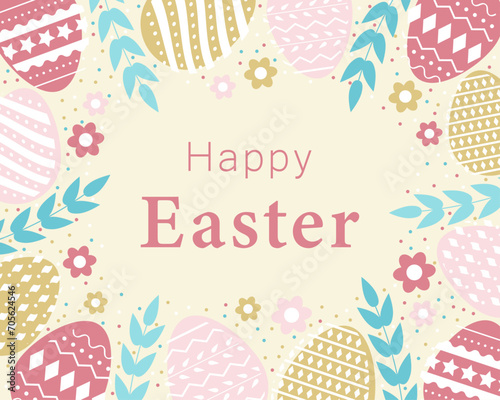 Easter card with colorful eggs and flowers and leaves. Vector illustration 