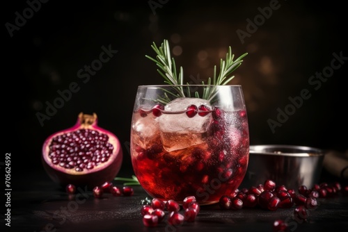 Glass of pomegranate cocktail with rosemary, champagne, club soda on black table with bokeh lights. Generative AI