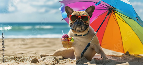 A comical moment of a funny looking dog wearing sunglasses eating ice cream under beach umbrella.