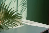 Shadow of tropical palm leaves on a pastel green wall and gray table. Generative AI