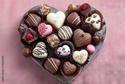 This image features a variety of heart-shaped chocolates on a pink table. Perfect for Valentine's Day or romantic-themed designs, food and beverage promotions, and festive holiday graphics. © Planetz