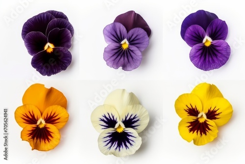 Set of pansies isolated on white background. Top view. Generative AI photo