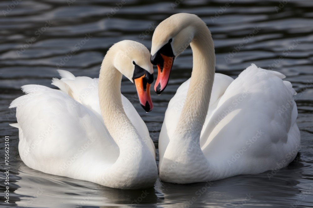 Obraz premium The couple of swans with their necks form a heart in the lake. Generative AI