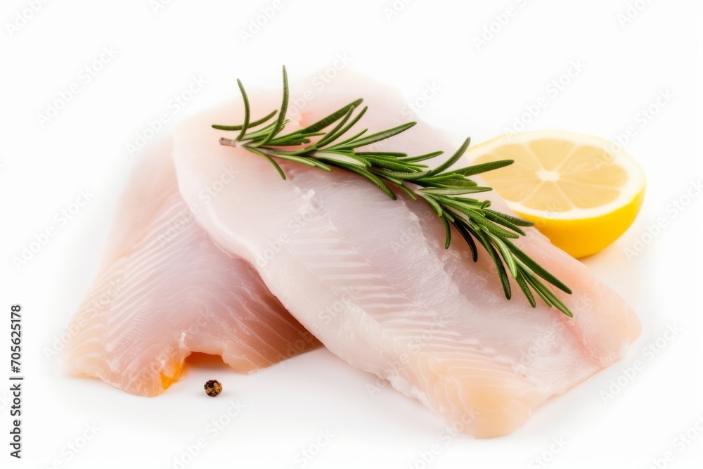Tilapia fillet with a slice of lemon and rosemary isolated on white background. Generative AI Tilapia fillet with a slice of lemon and rosemary isolated on white background. Generative AI