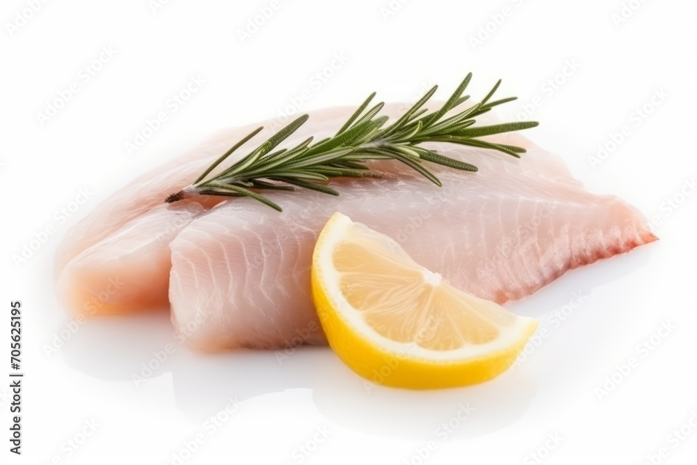 Tilapia fillet with a slice of lemon and rosemary isolated on white background. Generative AI Tilapia fillet with a slice of lemon and rosemary isolated on white background. Generative AI