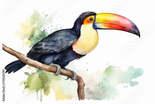 Toucan on branch. Watercolor illustration, isolated on white. Generative AI