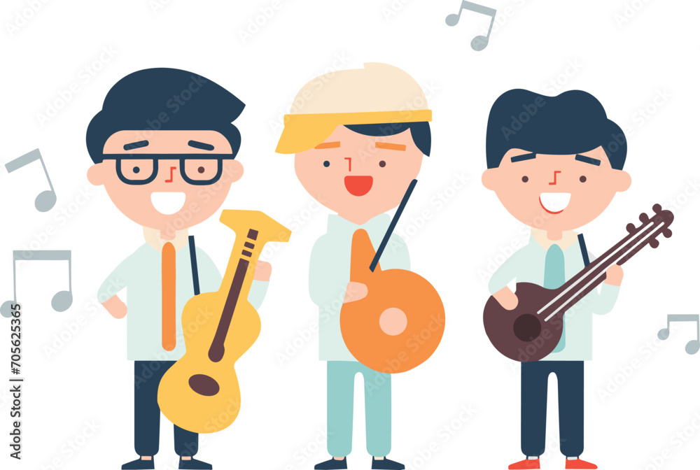 Three cartoon characters are playing musical instruments in a vector illustration Three cartoon characters are playing musical instruments in a vector illustration