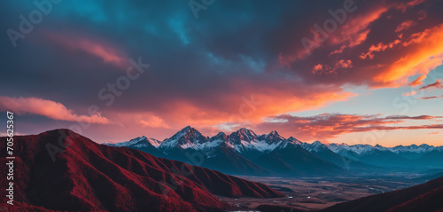 Mountain landscape with orange-teal pinkish clouds 